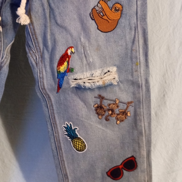 Really Cute Embroidered Patches On Denim Joggers with Drawstring - Picture 7 of 13